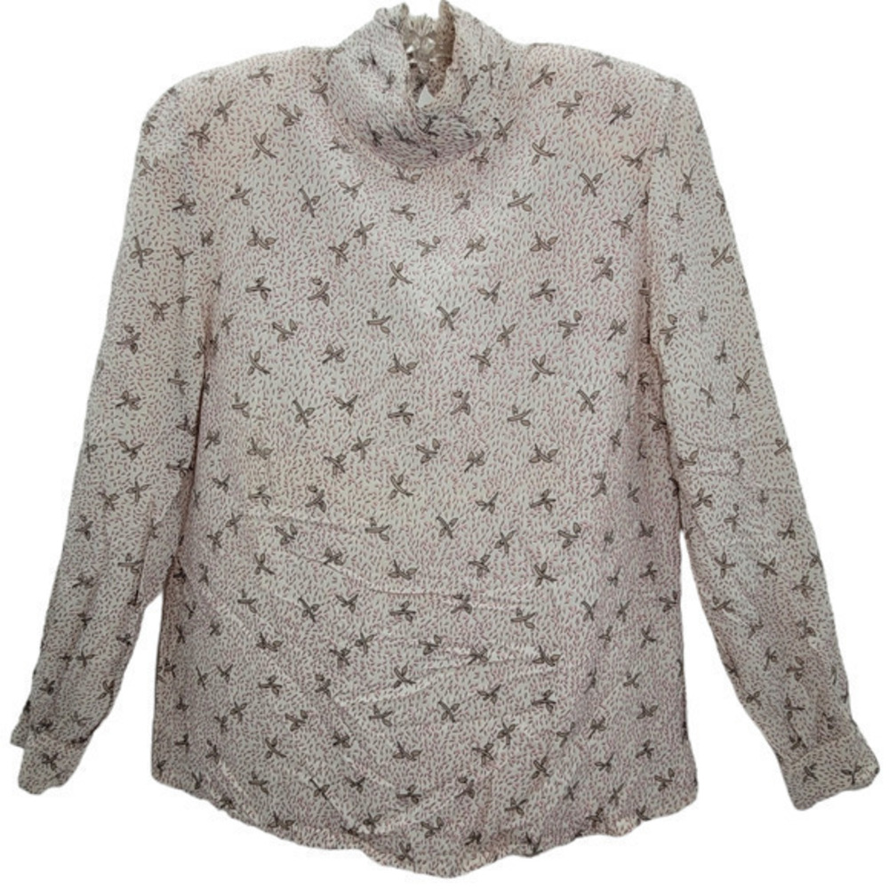 Vintage TJW Pink Gray‎ Confetti Turtle Neck Button Back Long Sleeve Blouse Top